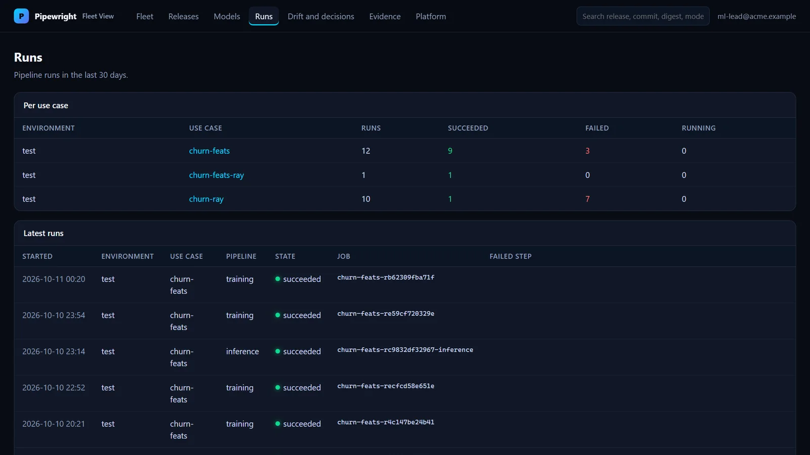 Fleet View, the Runs page